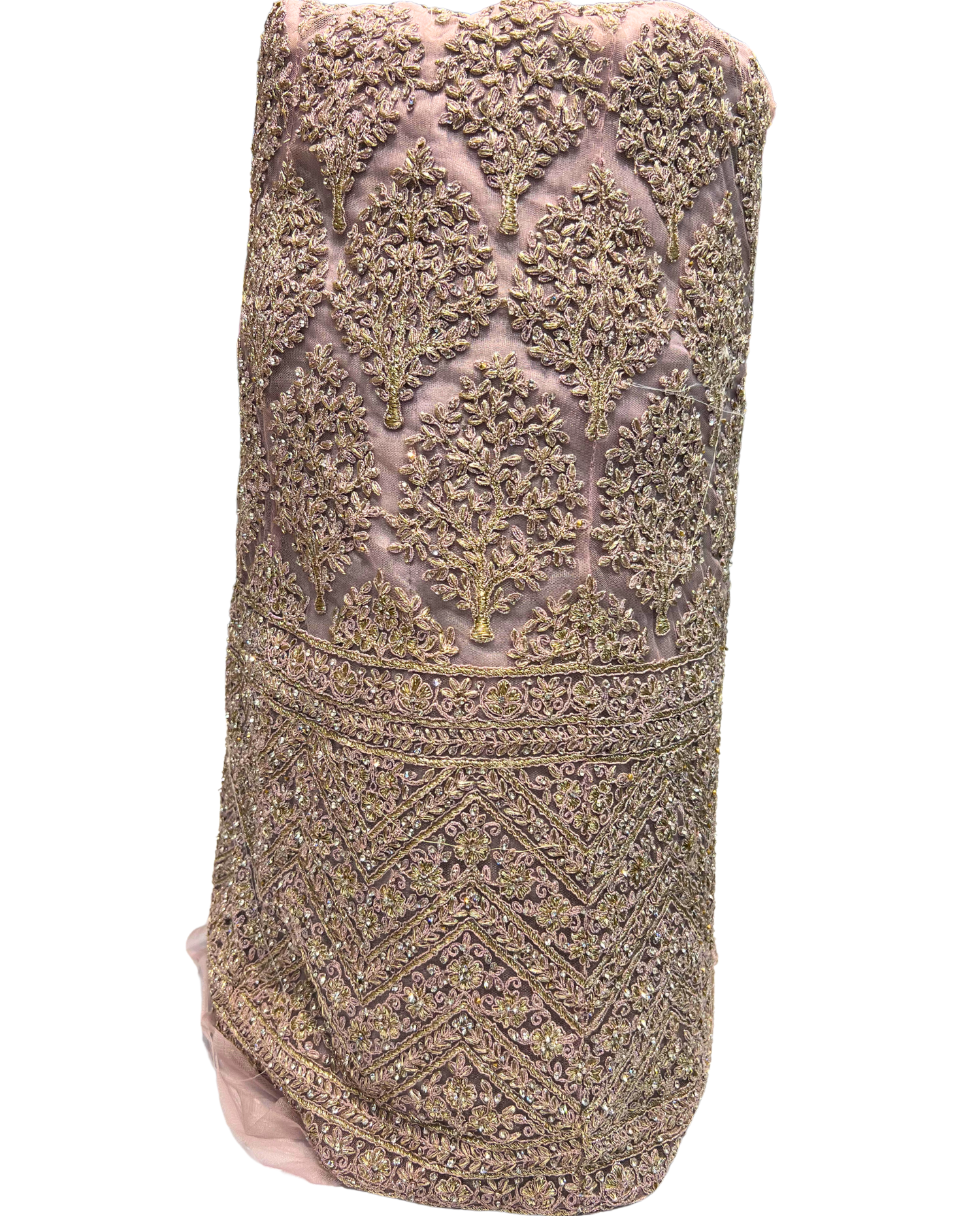 Pink Net Fabric with Intricate Tree Motifs and Golden Embroidery