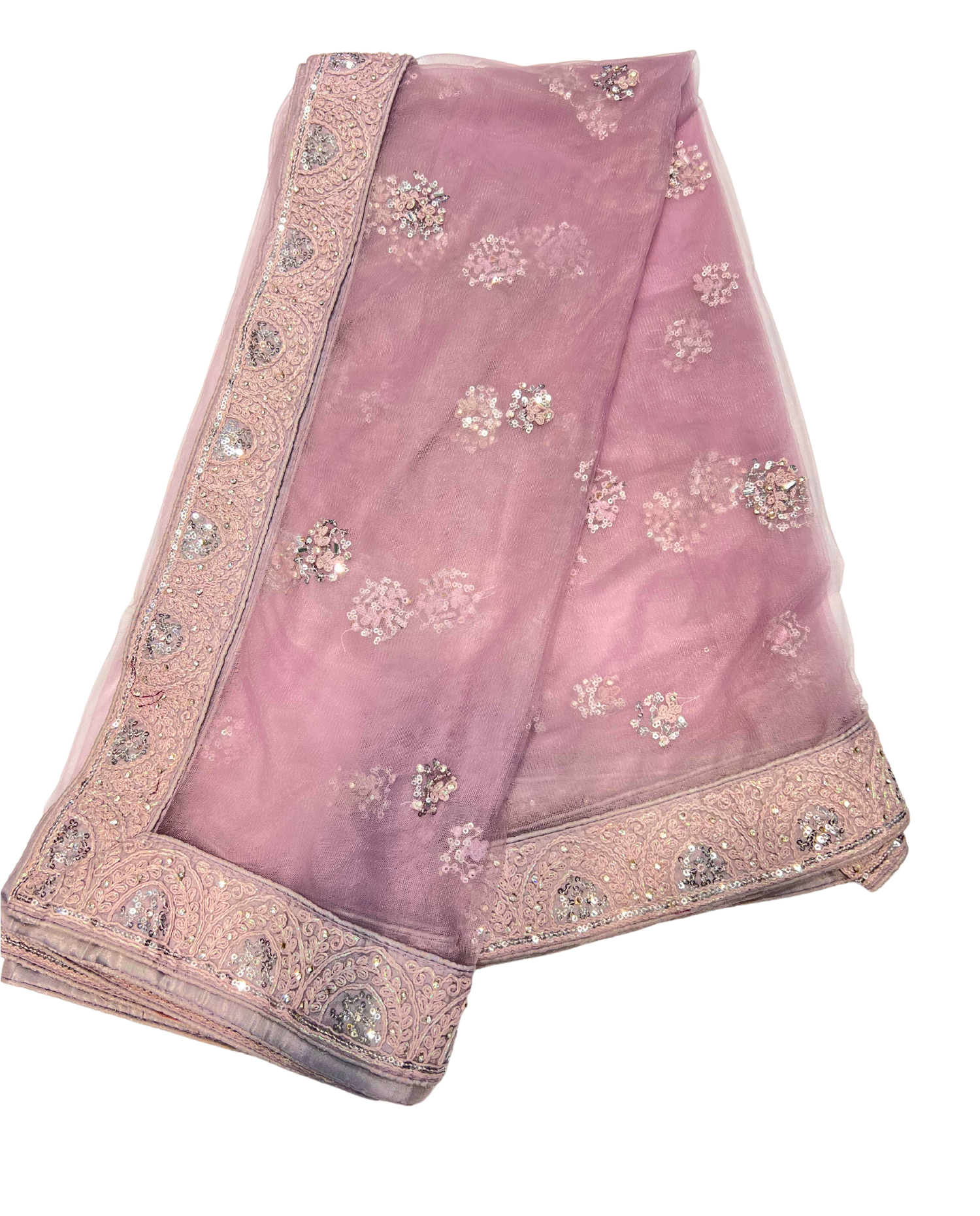 Pink Net Fabric with Intricate Tree Motifs and Golden Embroidery