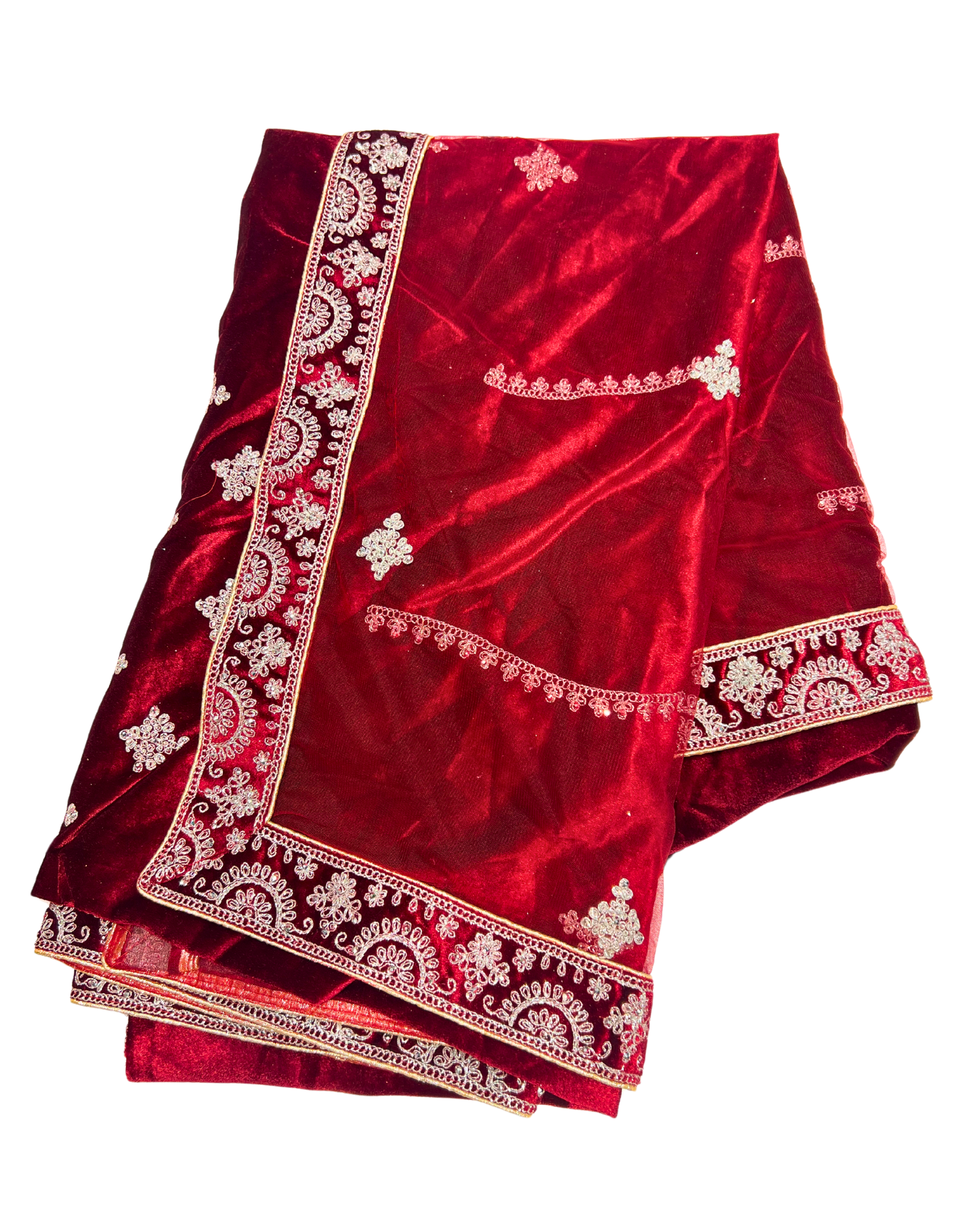 Royal Red Velvet Lehenga with Intricate Silver-Gold Embroidery