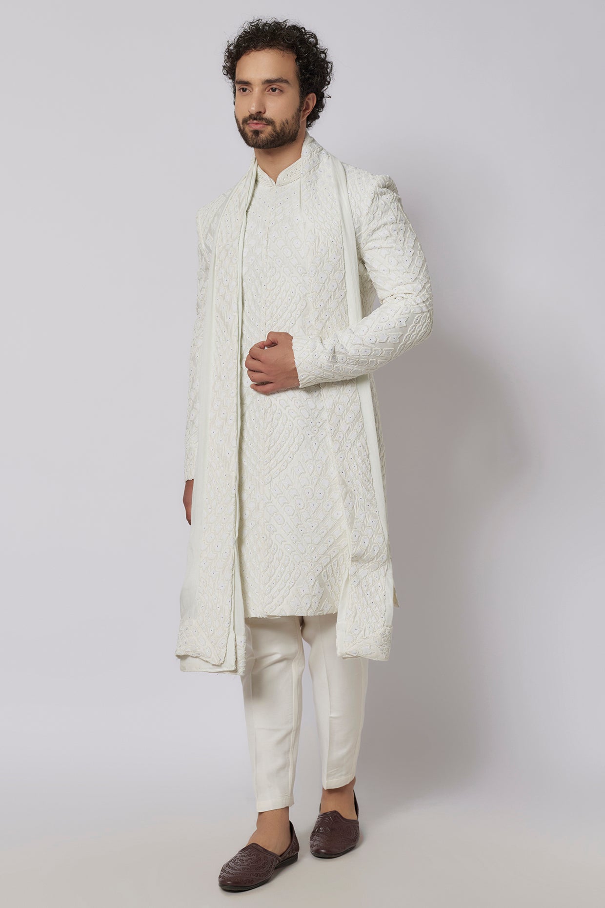 Vanilla Sherwani Set with Shawl