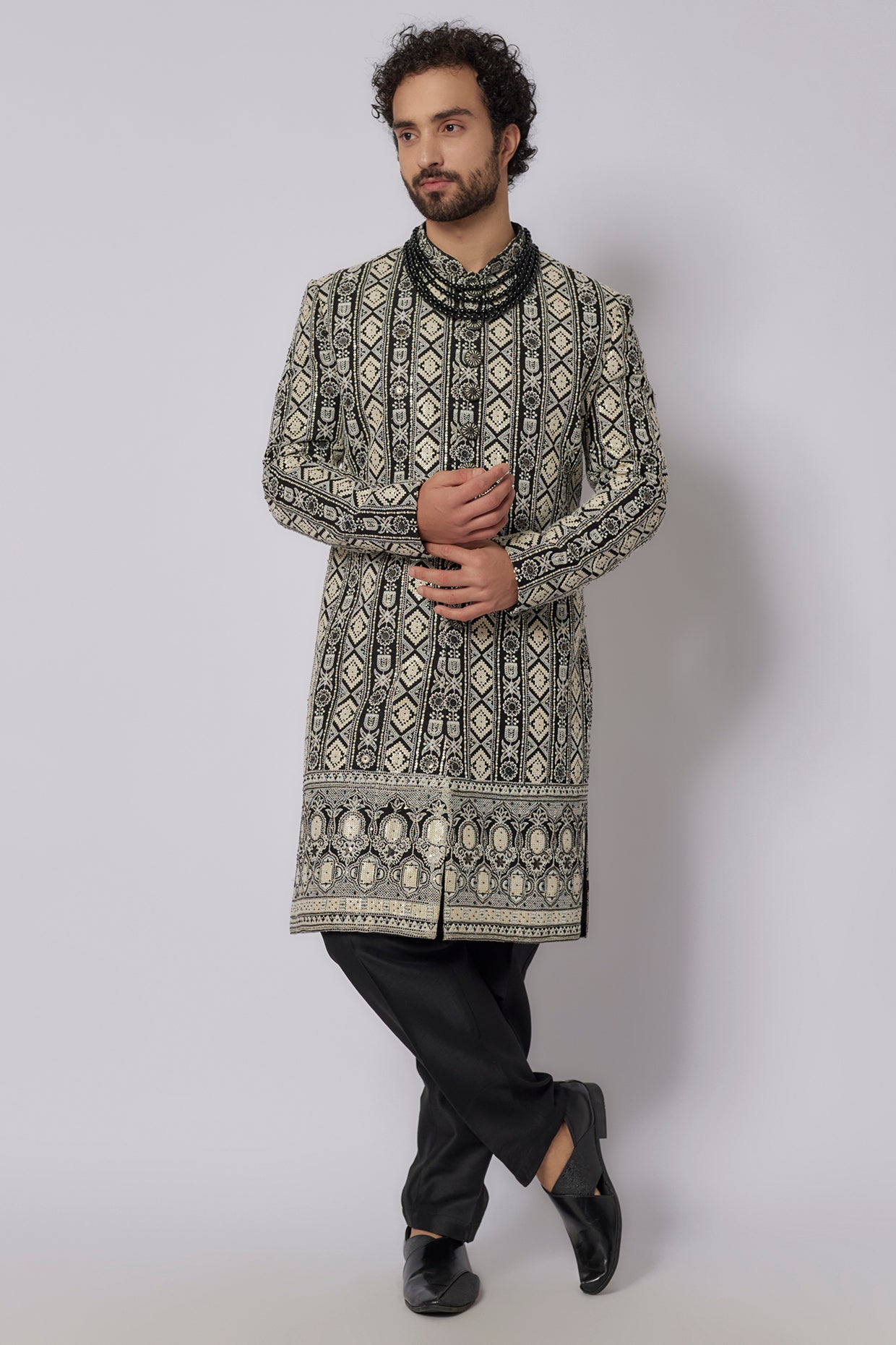 Black Lucknowi Sherwani Set