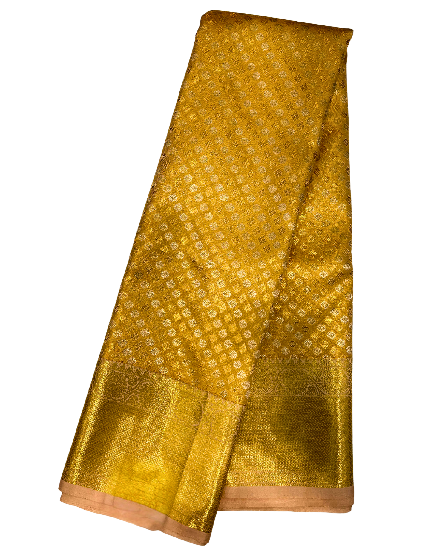 Golden Kanchipuram Silk Saree with Traditional Diamond Motifs