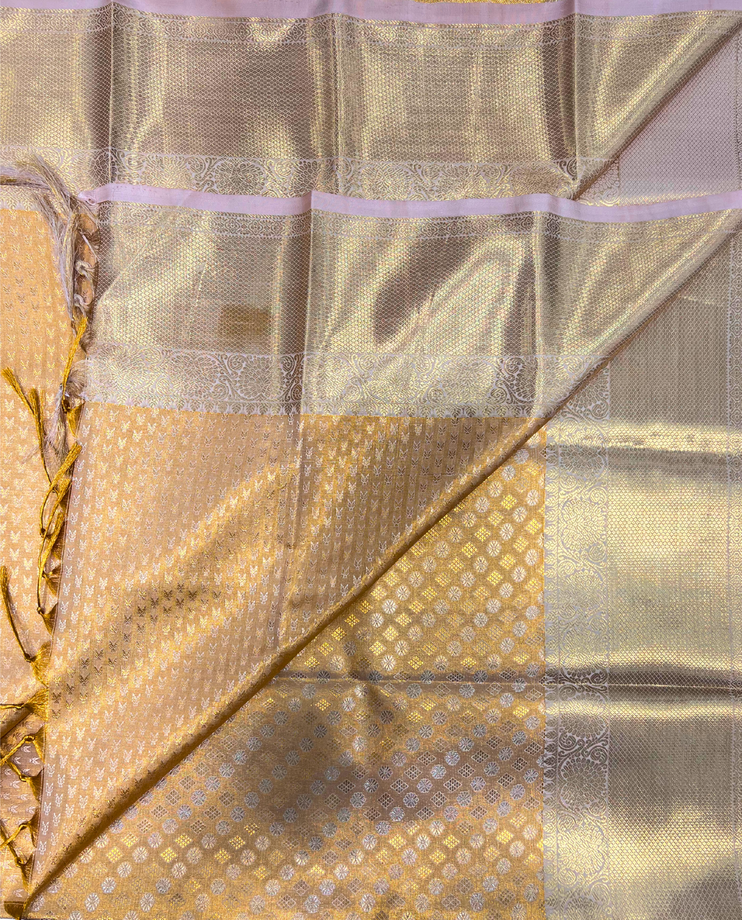 Golden Kanchipuram Silk Saree with Traditional Diamond Motifs