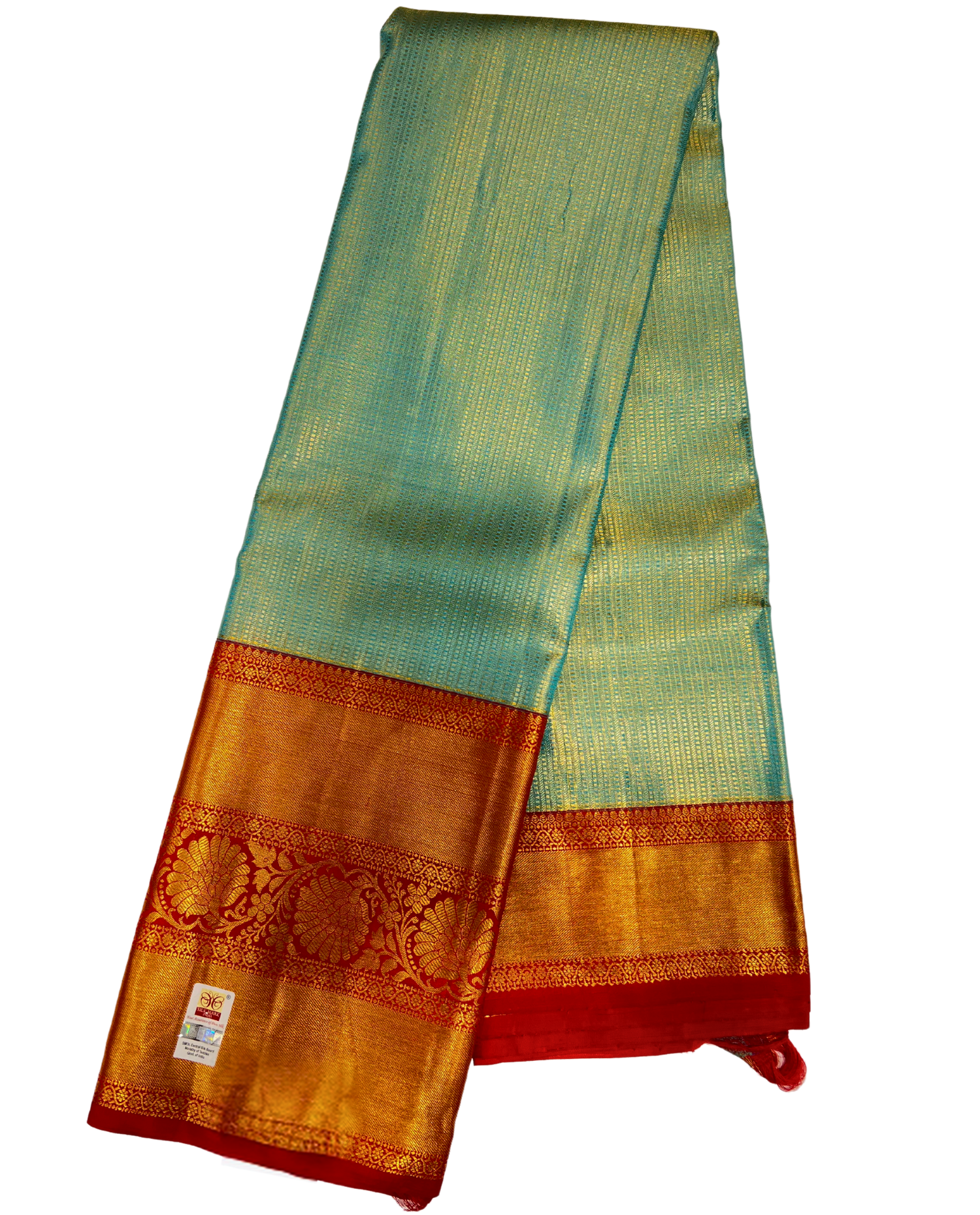 Mint Green Kanchipuram Silk Saree with Red Border and Gold Zari