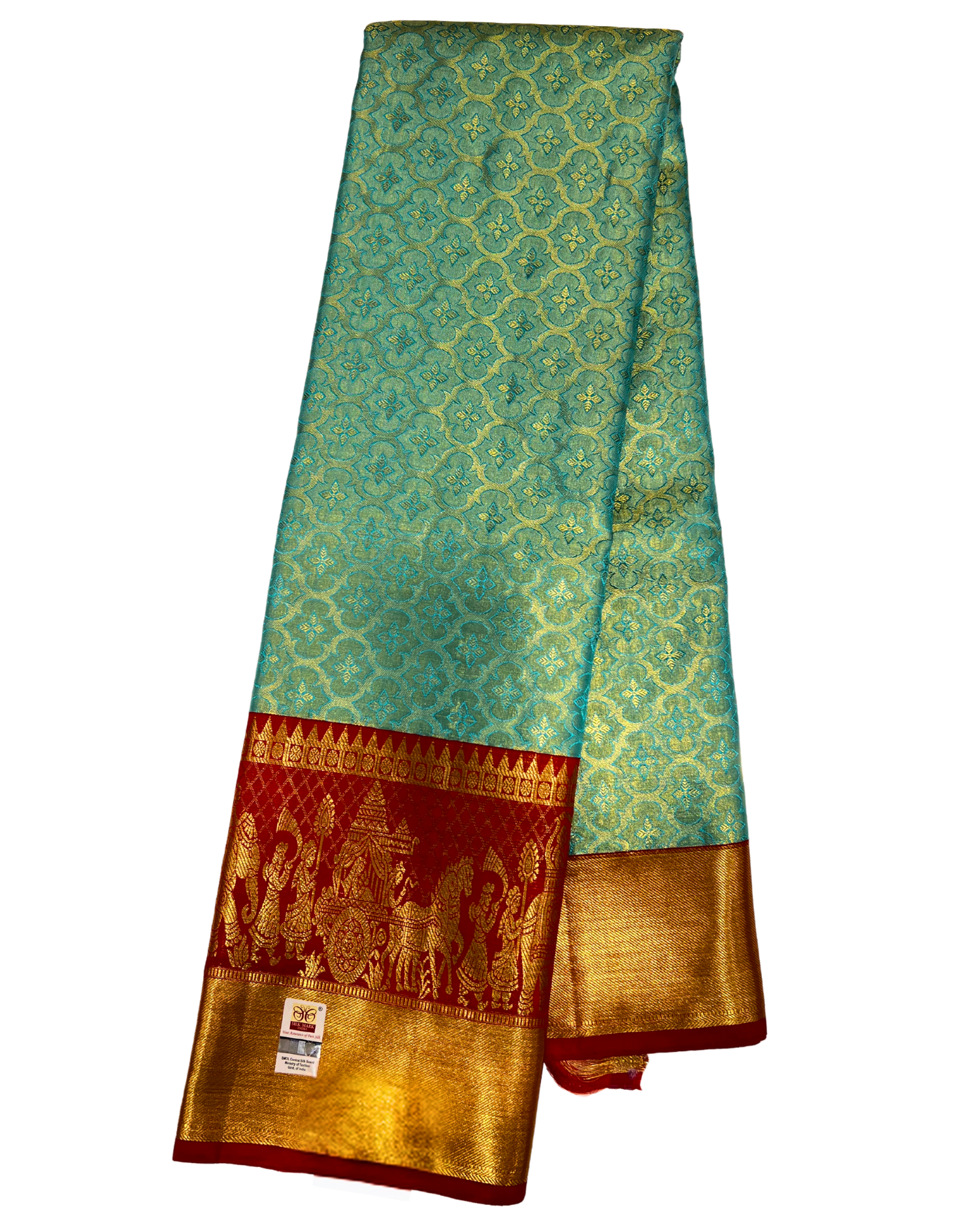 Pure Silk Kanchipuram Saree with Traditional Temple Border in Mint Green