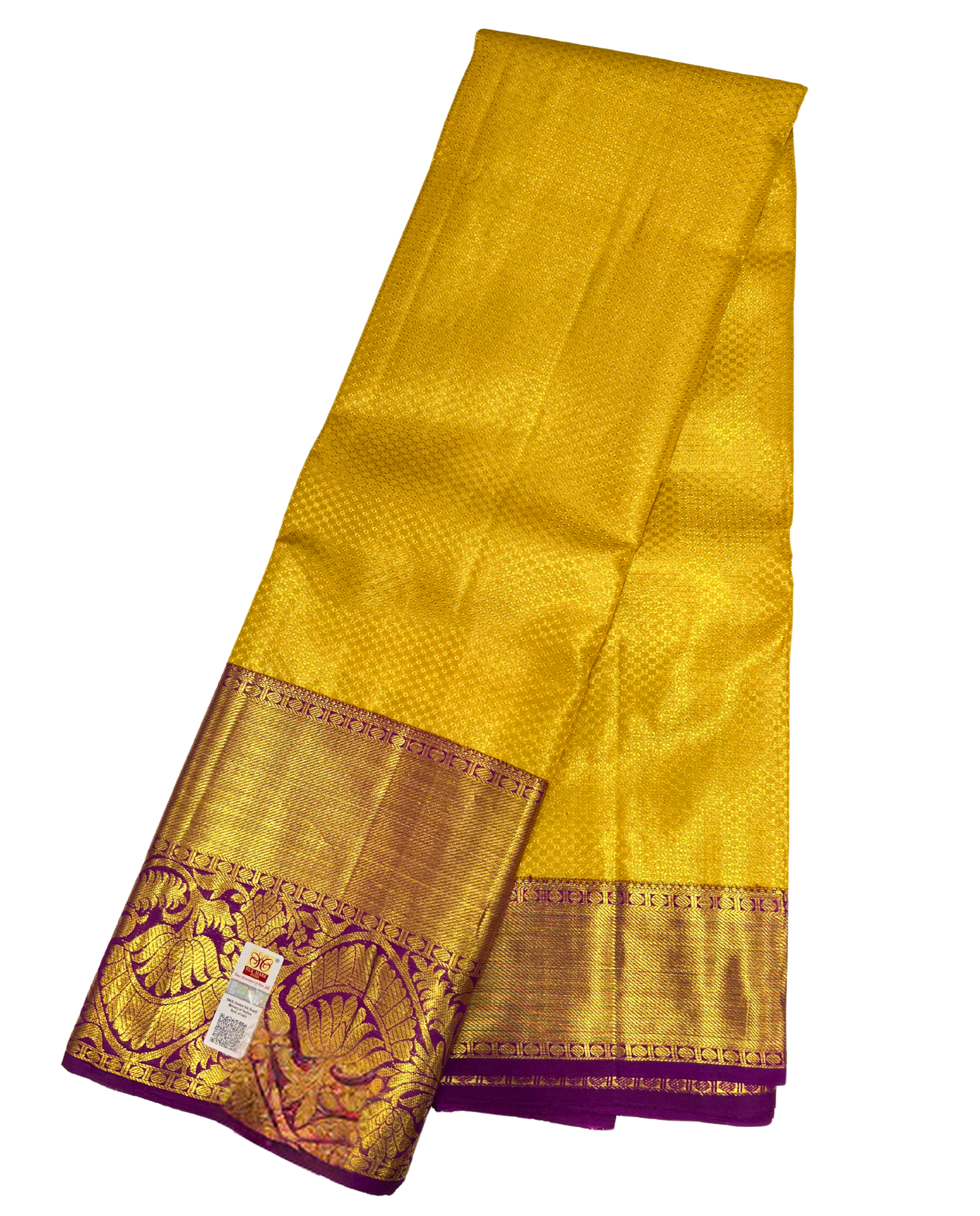 Golden Kanchipuram Silk Saree with Traditional Diamond Motifs and Purple Border