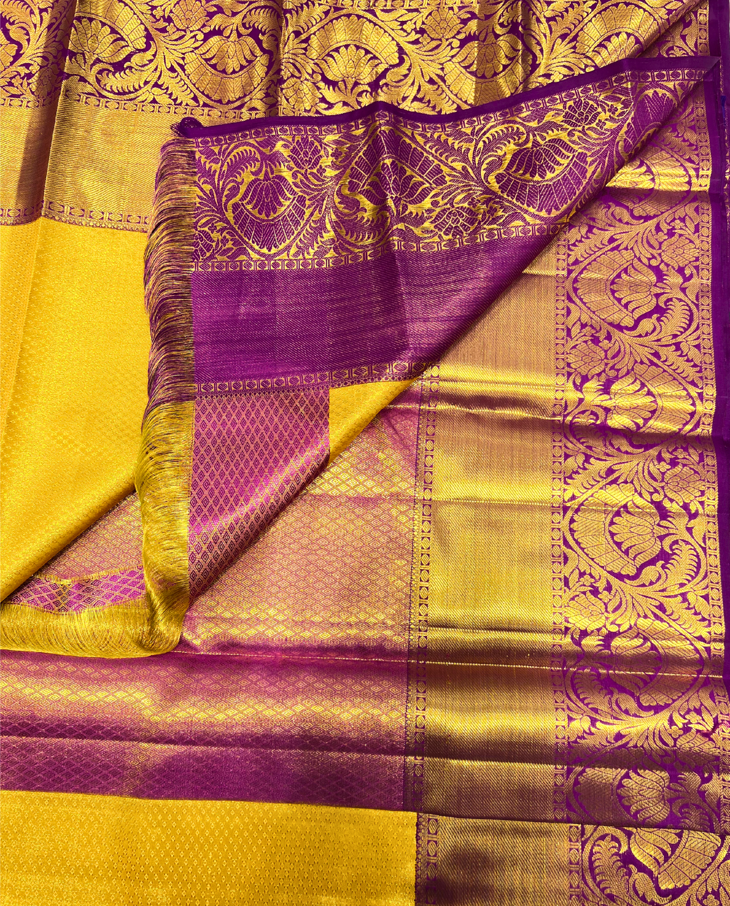 Golden Kanchipuram Silk Saree with Traditional Diamond Motifs and Purple Border