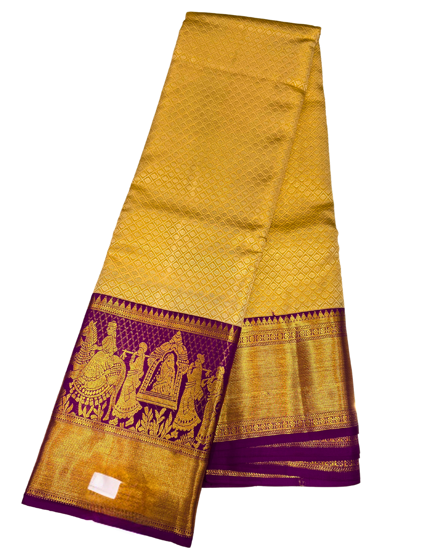 Golden Kanchipuram Silk Saree with Purple Border and Traditional Temple Motifs