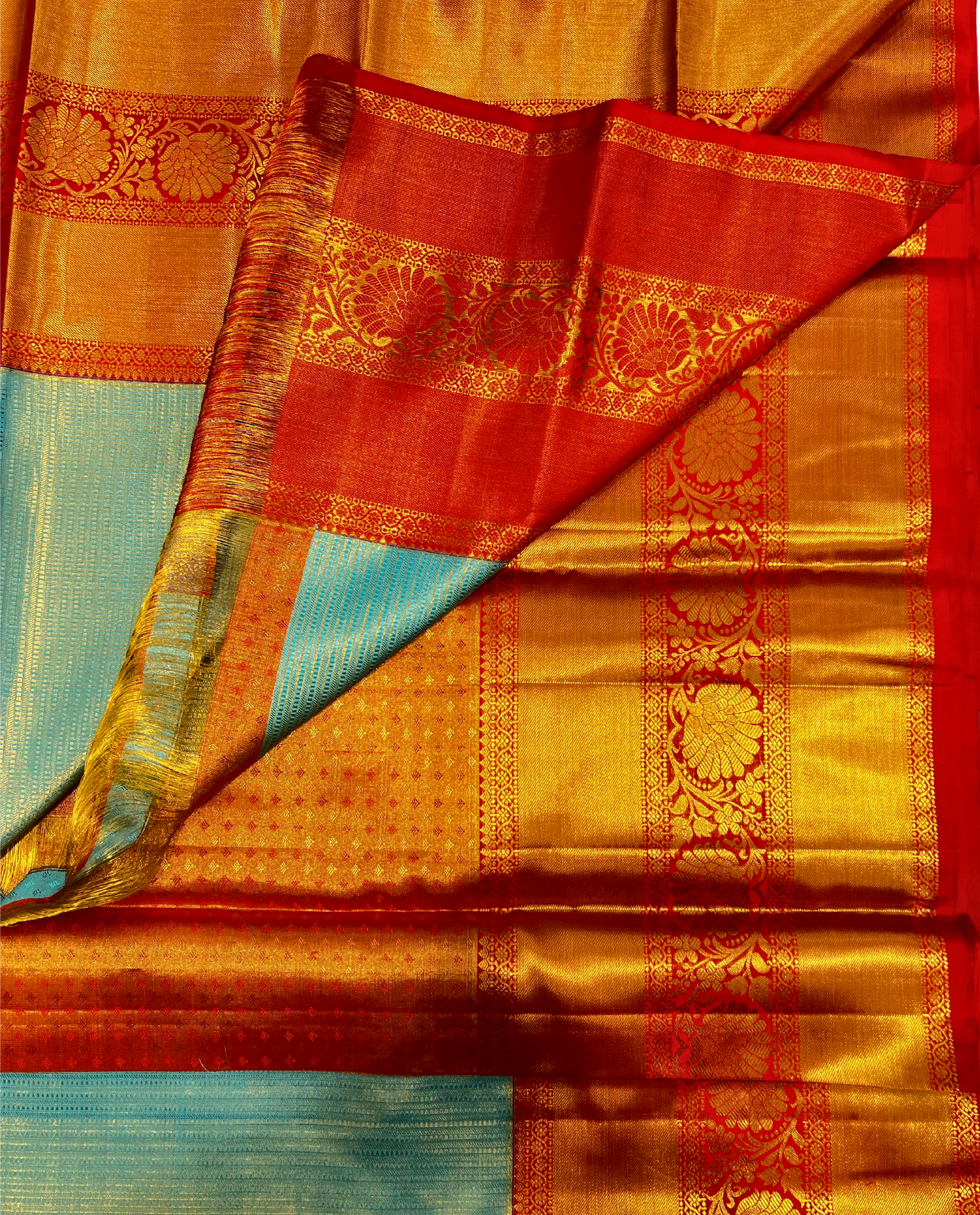 Mint Green Kanchipuram Silk Saree with Red Border and Gold Zari