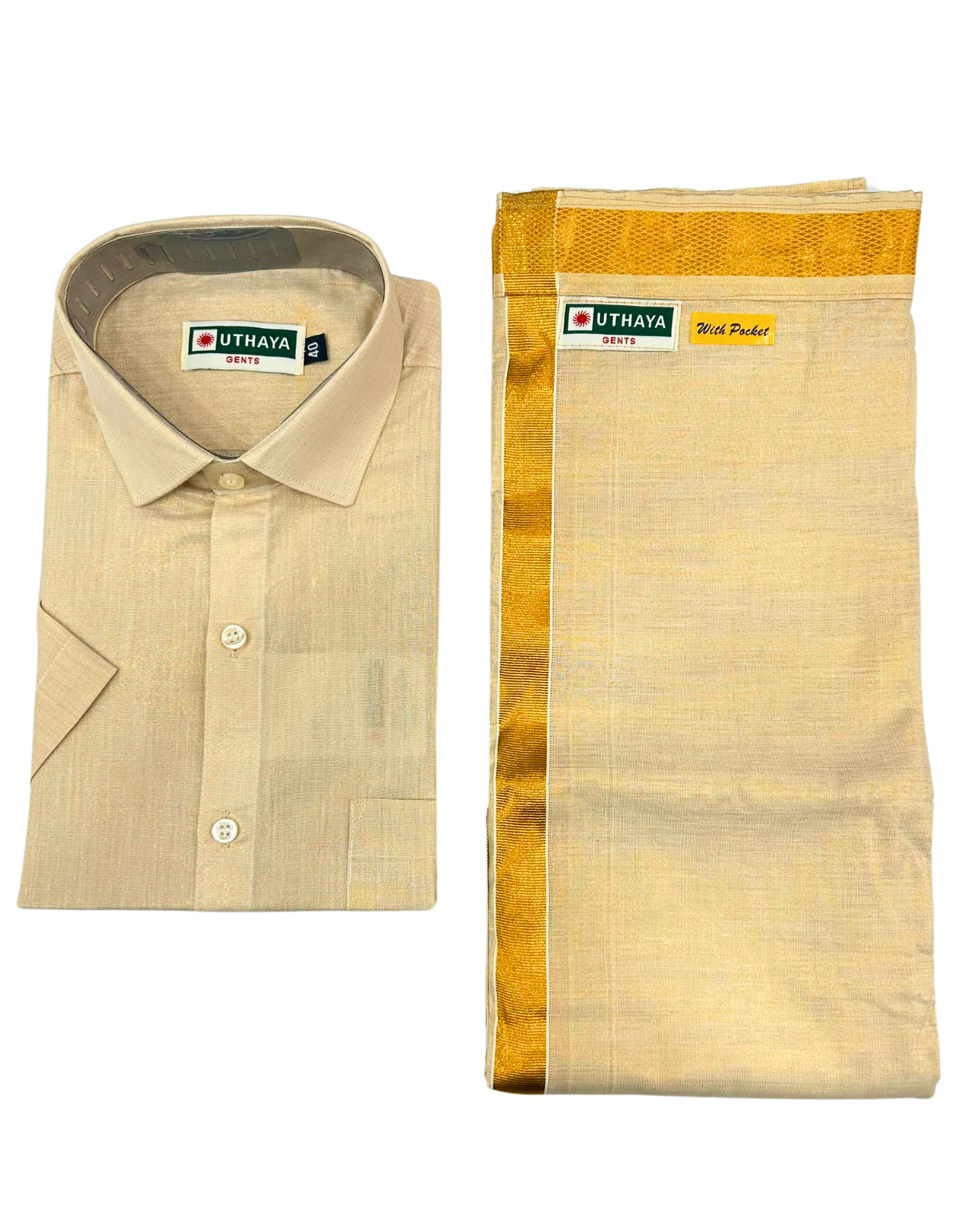 Uthaya Men's Premium Handloom Tissue Gold Velcro Single Vesthy and Shirt Set