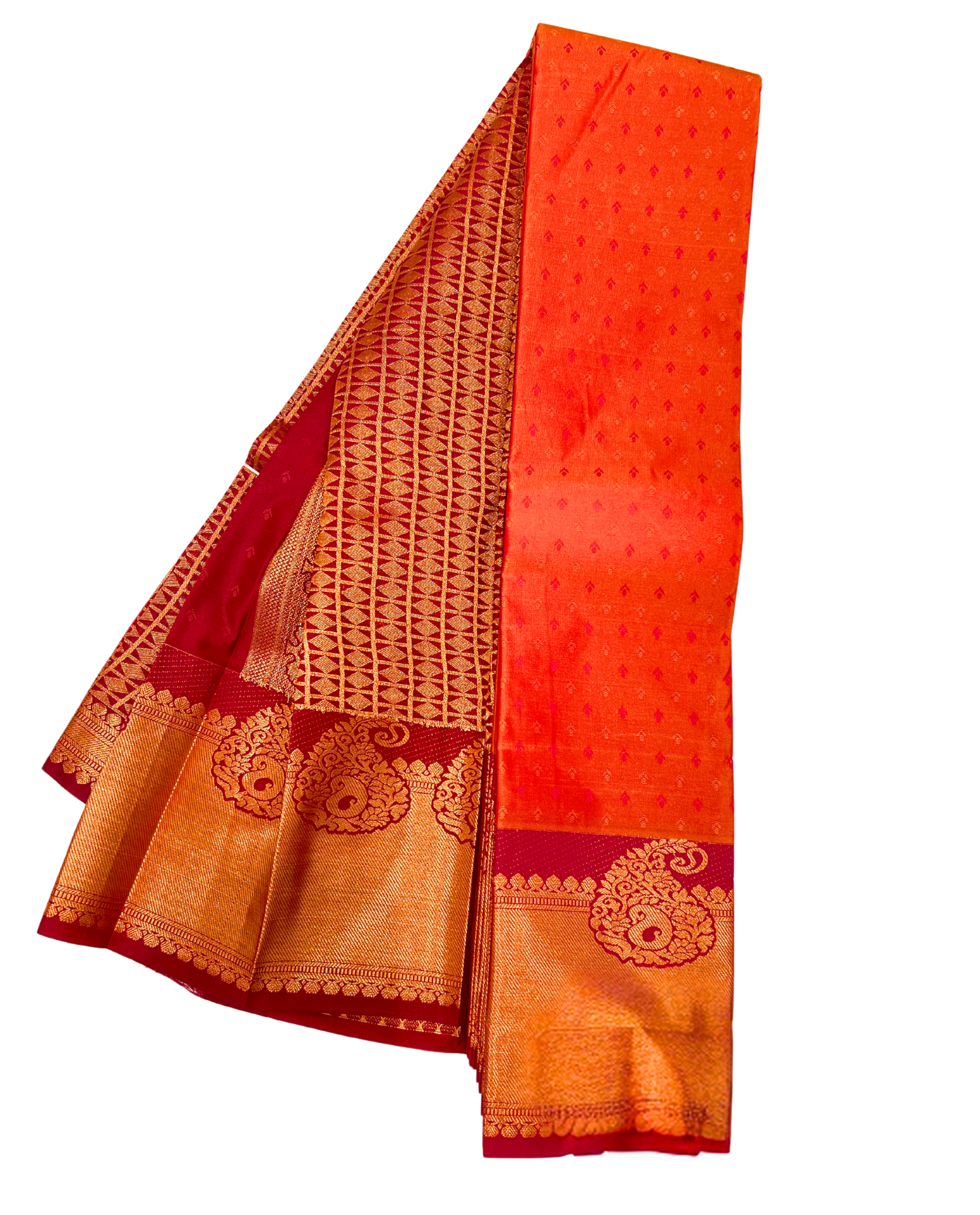 Vibrant Orange and Red Art Silk Saree with Traditional Gold Border