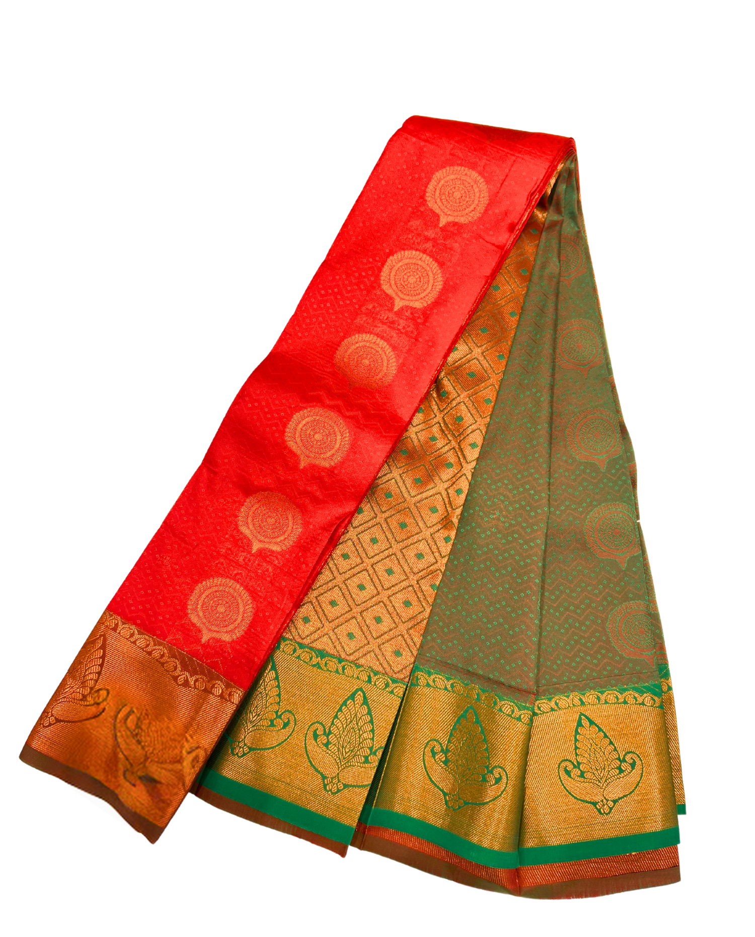 Handwoven Red and Green Kanchipuram Silk Saree with Intricate Gold Work