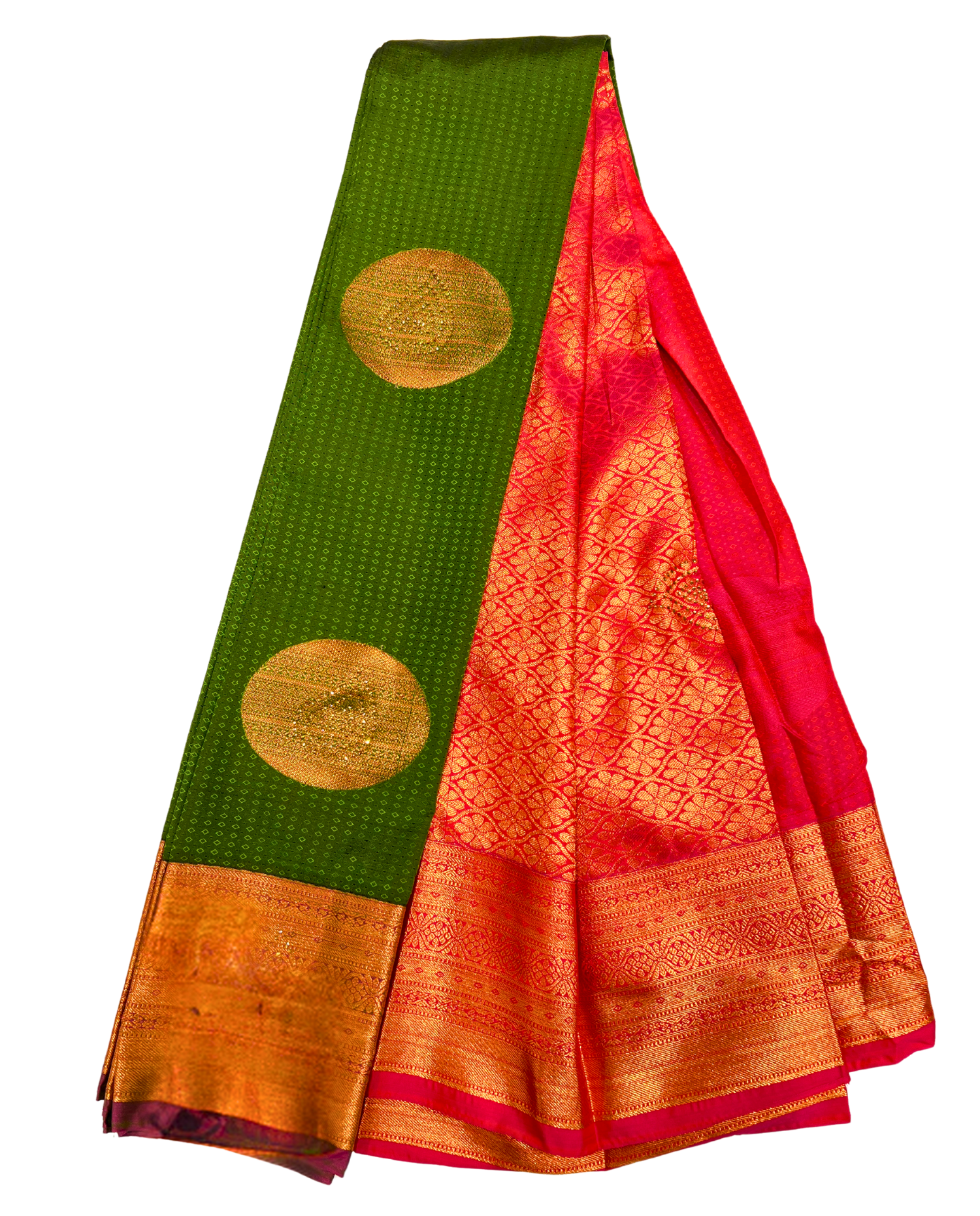 Handwoven Green and Red Kanchipuram Silk Saree with Intricate Gold Work