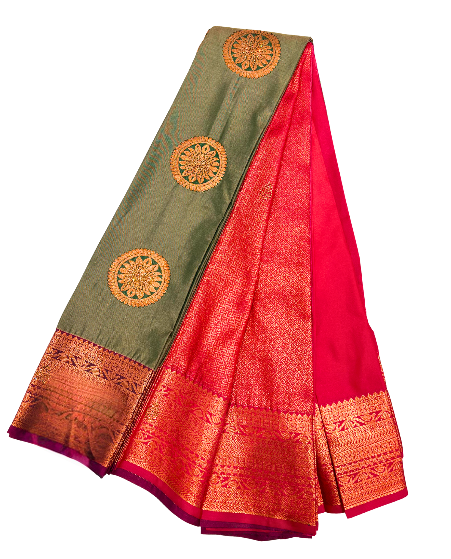 Timeless Green and Red Kanchipuram Silk Saree with Rich Gold Border