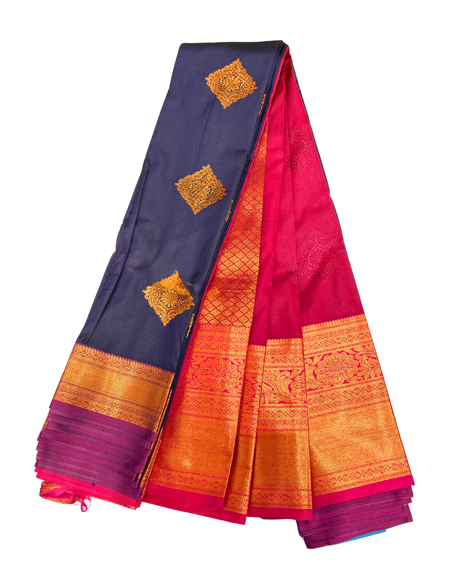 Vibrant Blue and Pink Kanchipuram Silk Saree with Intricate Gold Motifs