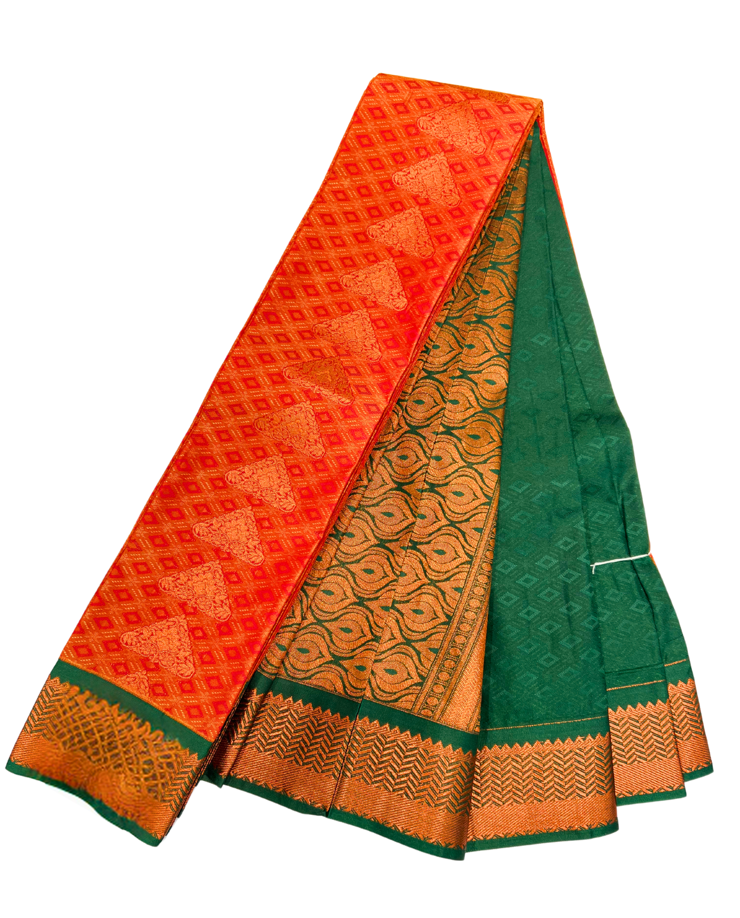 Vibrant Orange and Green Art Silk Saree with Traditional Gold Motifs