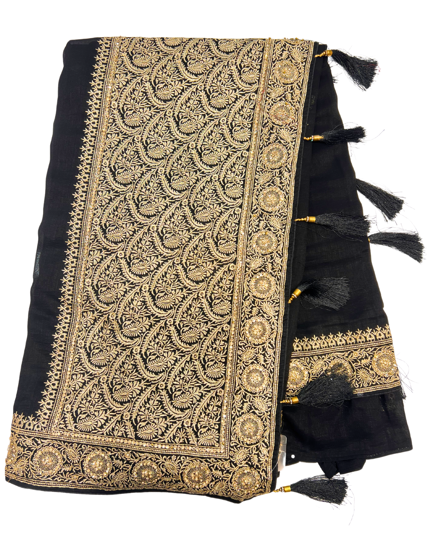 Black Chiffon Fancy Sequence Saree with Intricate Golden Embroidery and Tassels