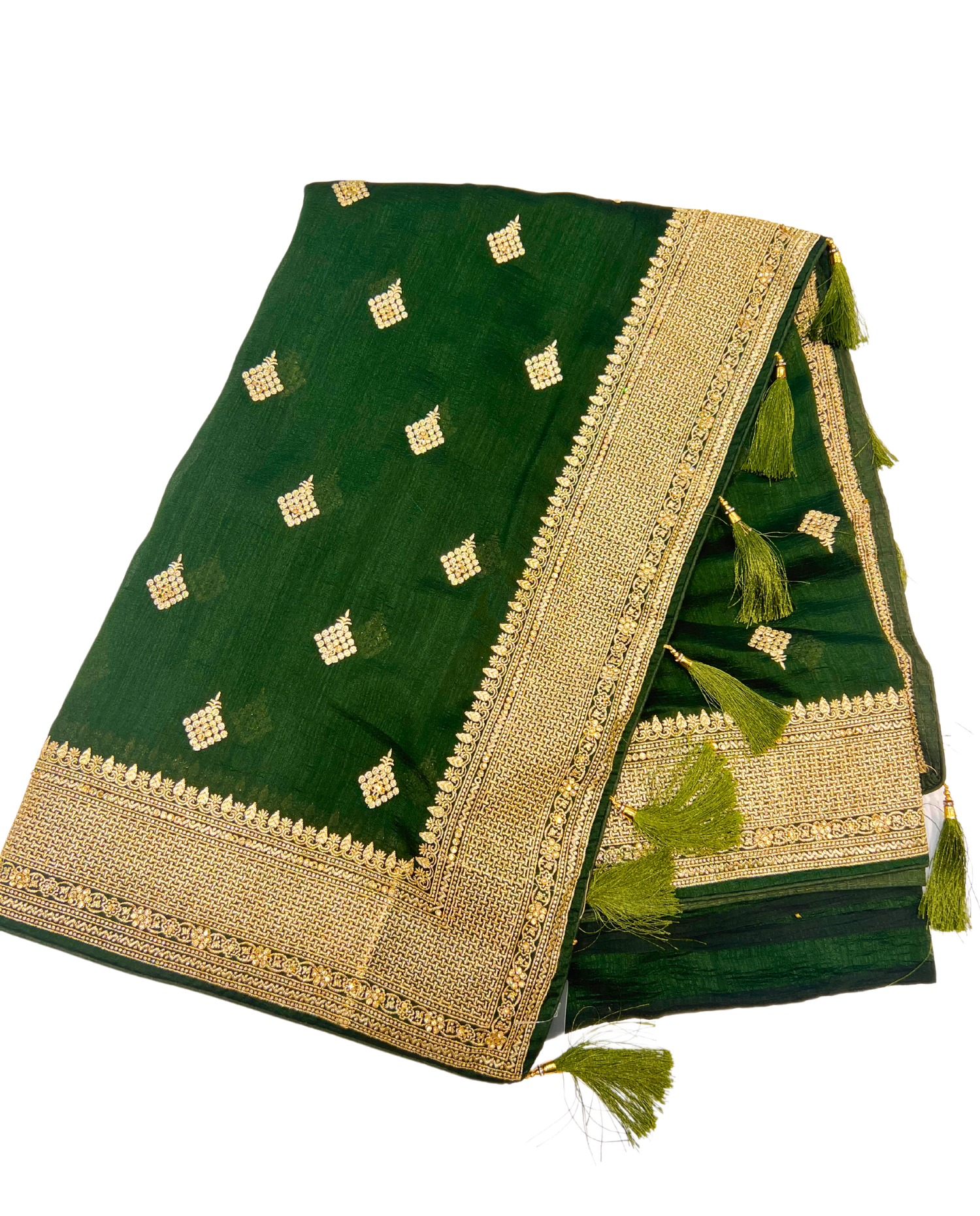 Emerald Green Fancy Sequence Saree with Intricate Gold Embroidery and Tassels