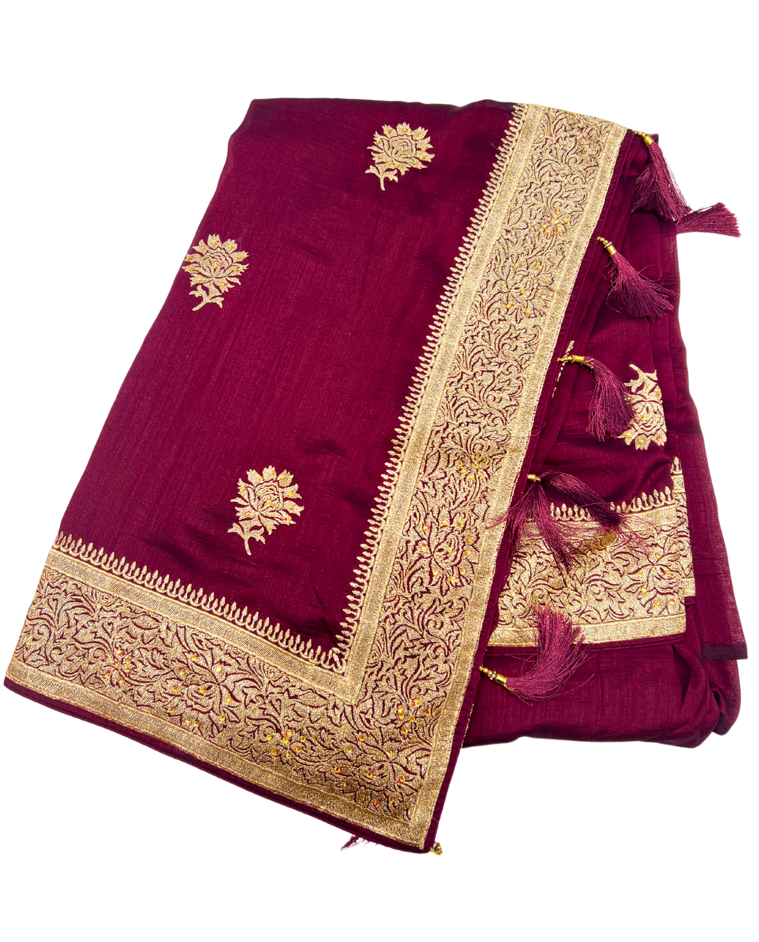 Maroon Fancy Sequence Saree with Intricate Gold Embroidery and Tassels