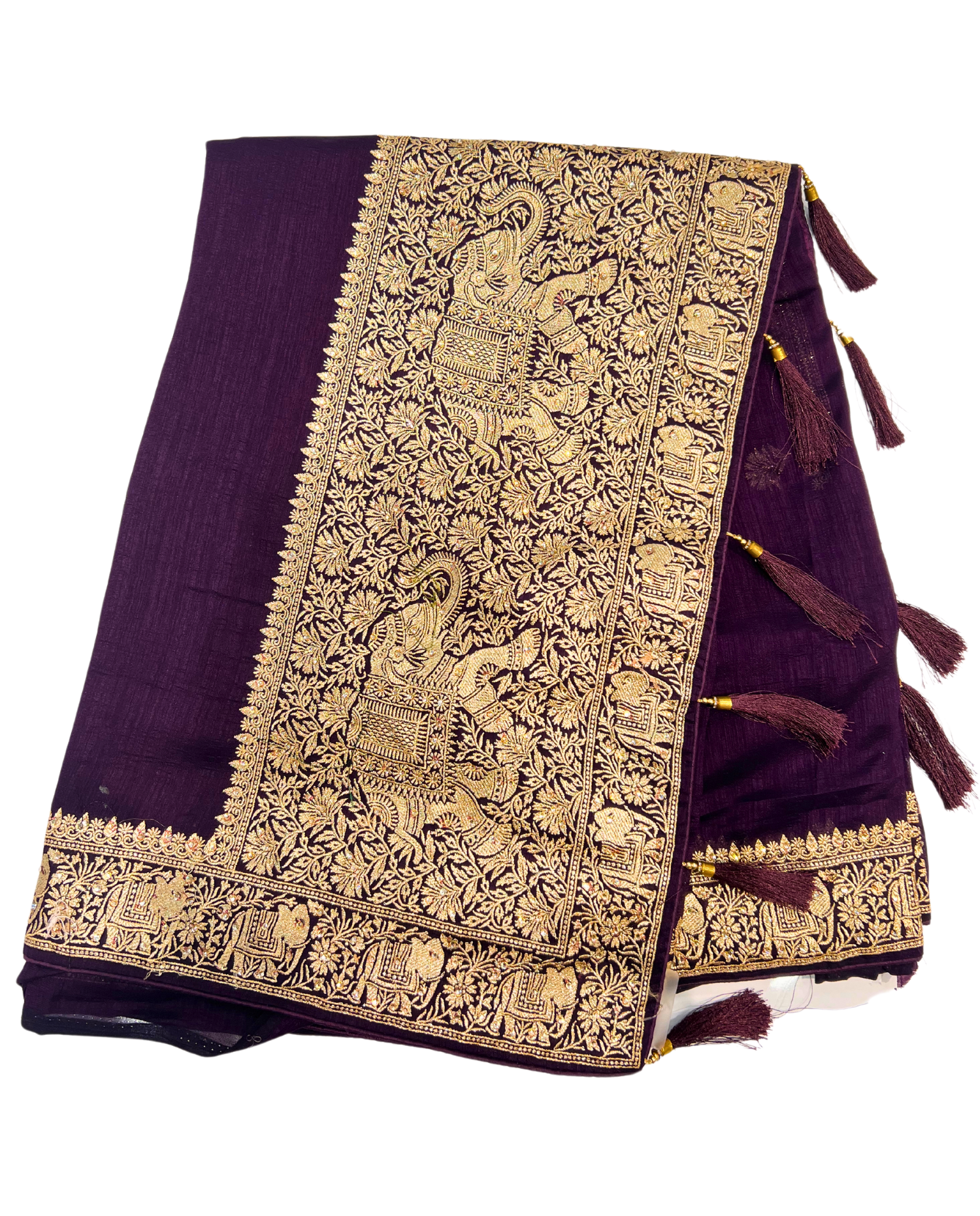 Purple Fancy Sequence Saree with Elephant Motif and Tassel Accents